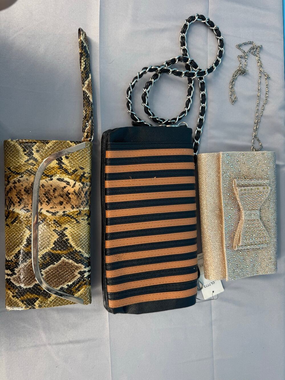Lot of 3 Women’s Clutch Evening Crossbody Handbags Snake Glitter Stripe